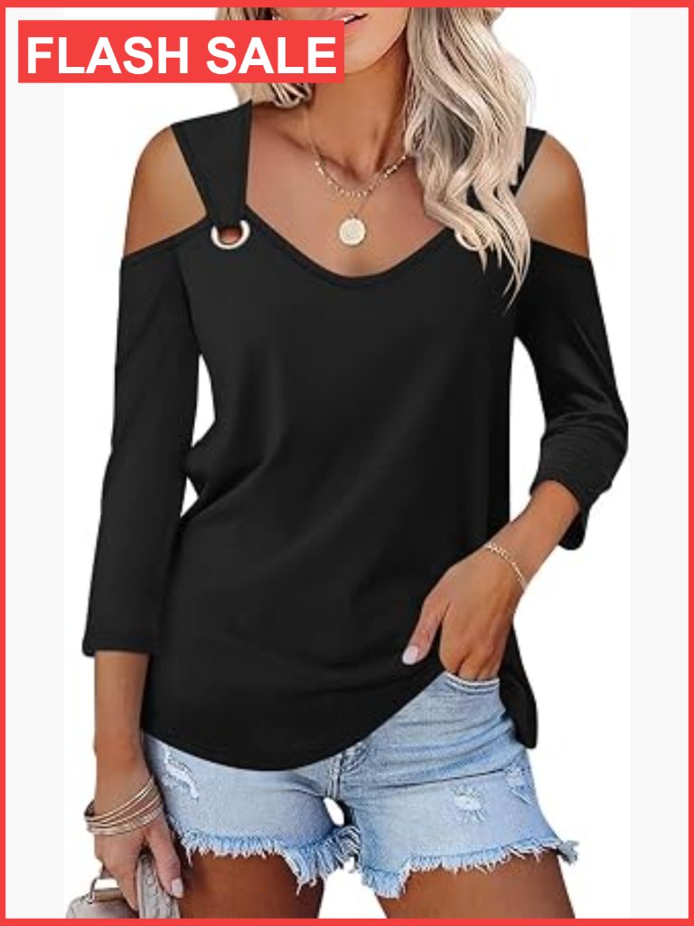 Women's V Neck 3/4 Sleeve Cold Shoulder T-Shirt Tops